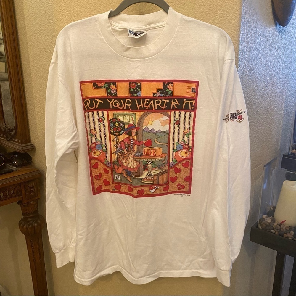 Vintage STAFFORD BLAINE ‘Put Your Heart In It’ White Long Sleeve Graphic Top-XL